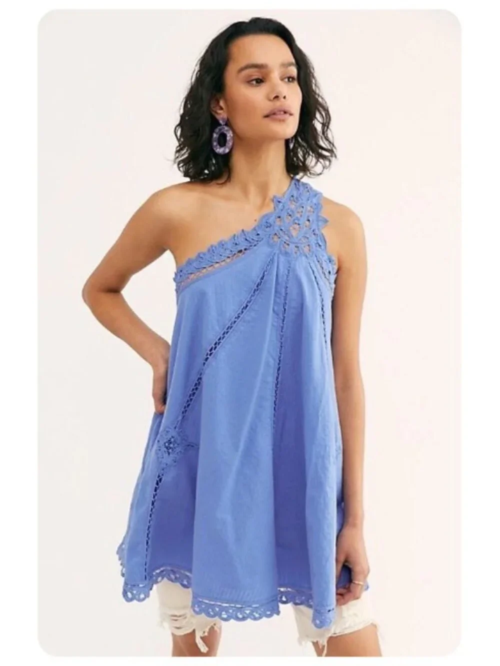Free People Billie Battenburg One Shoulder Crochet Embroidered Dress sz M - Picture 5 of 10